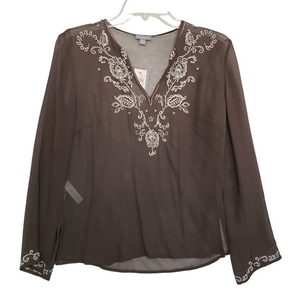 NWT Ann Taylor Petites XSP 100% Silk Embroidered and Beaded Sheer V-neck Blouse - Picture 1 of 10
